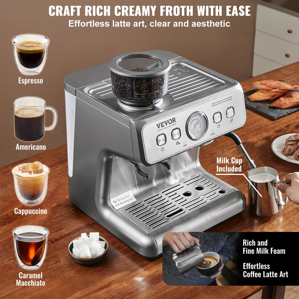Vevor 15 Bar Espresso Machine With Grinder And Milk Frother