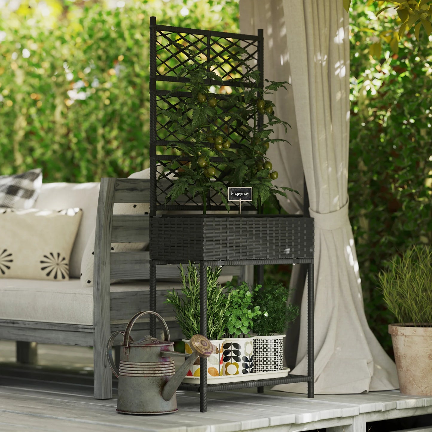 Outsunny Rattan Elevated Planter With Flower Stand And Storage Shelf