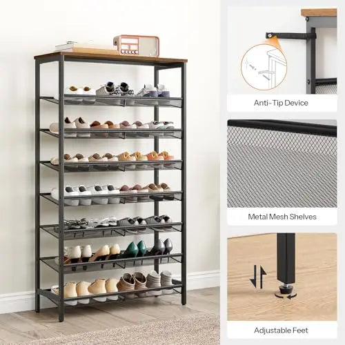Metal 8 Tier Shoe Organizer With Rustic Wood Top SpaceEfficient