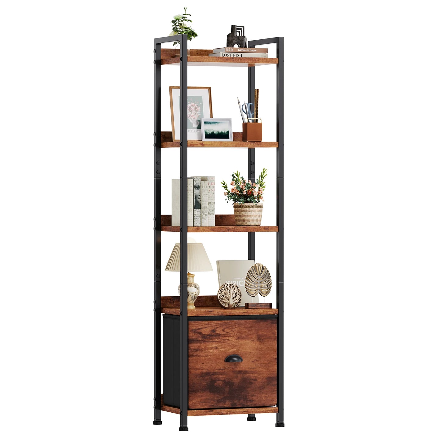 JHK Wood 5 Tier Bookshelf With Fabric Drawer Organizer