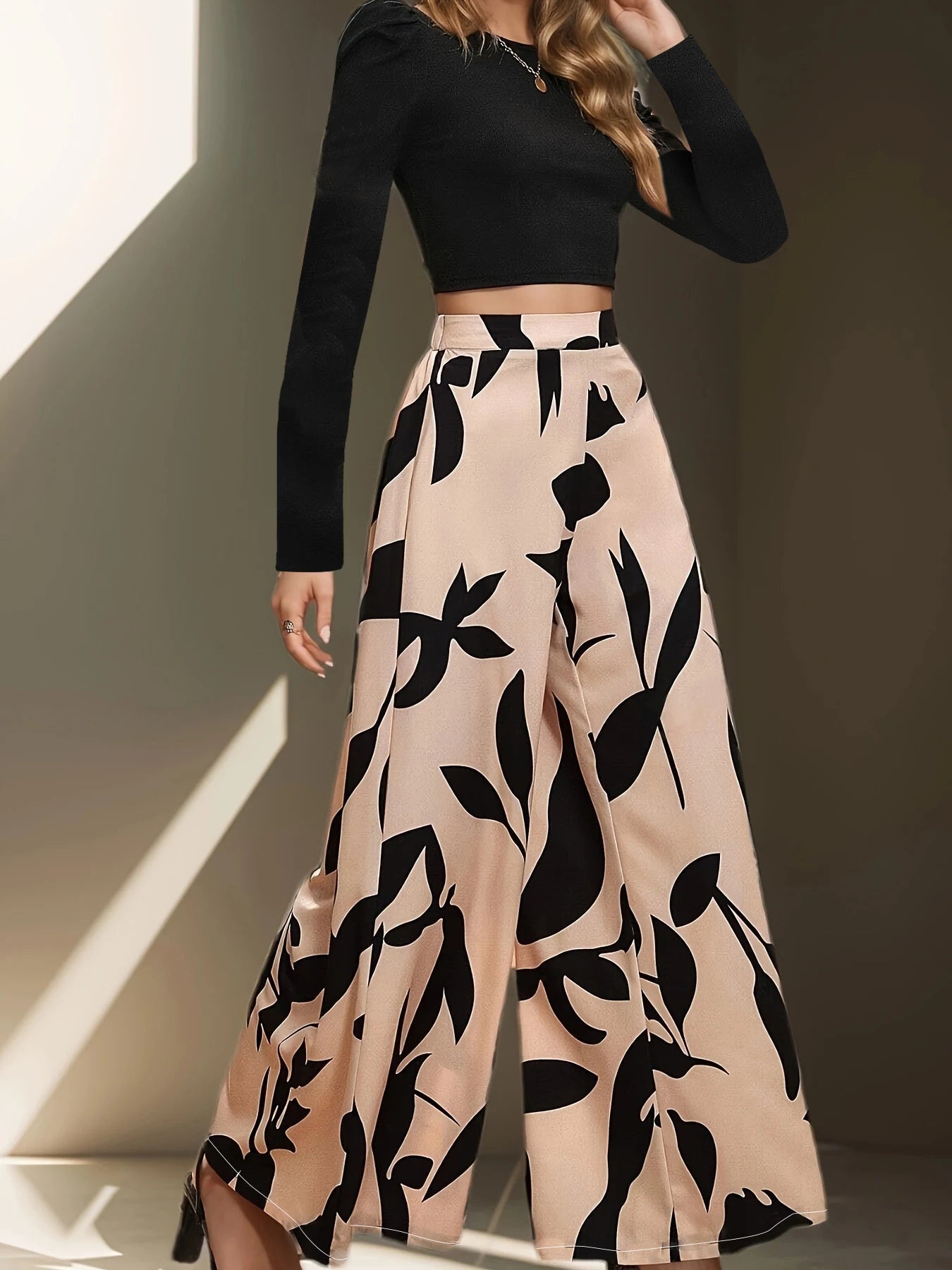 Women High Waist Floral Wide Leg Pants Casual Polyester Trousers