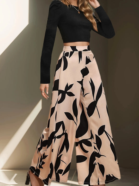 Women High Waist Floral Wide Leg Pants Casual Polyester Trousers