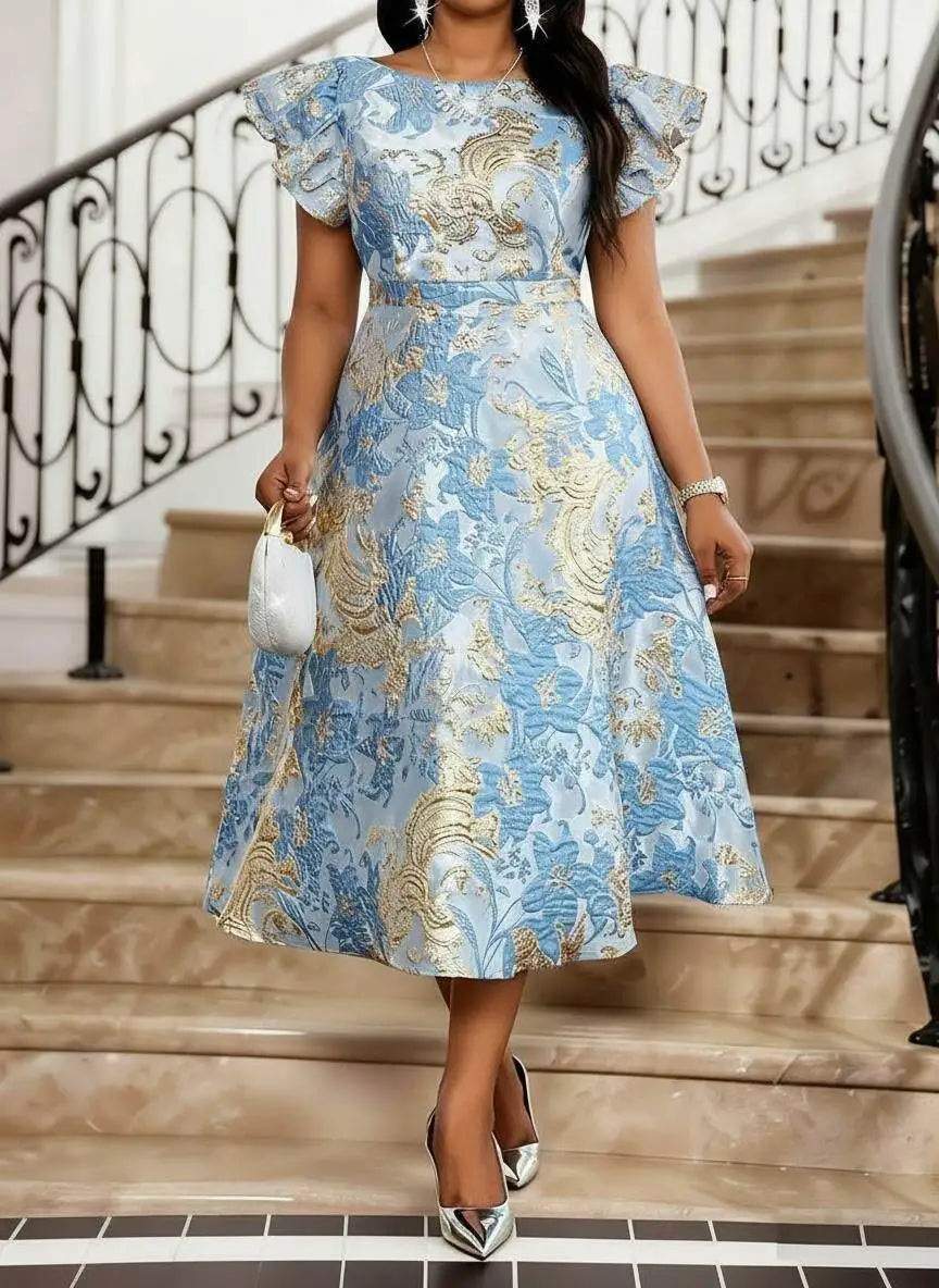 Printed Midi Flare Dress With Ruffle Sleeves For Wedding Guest