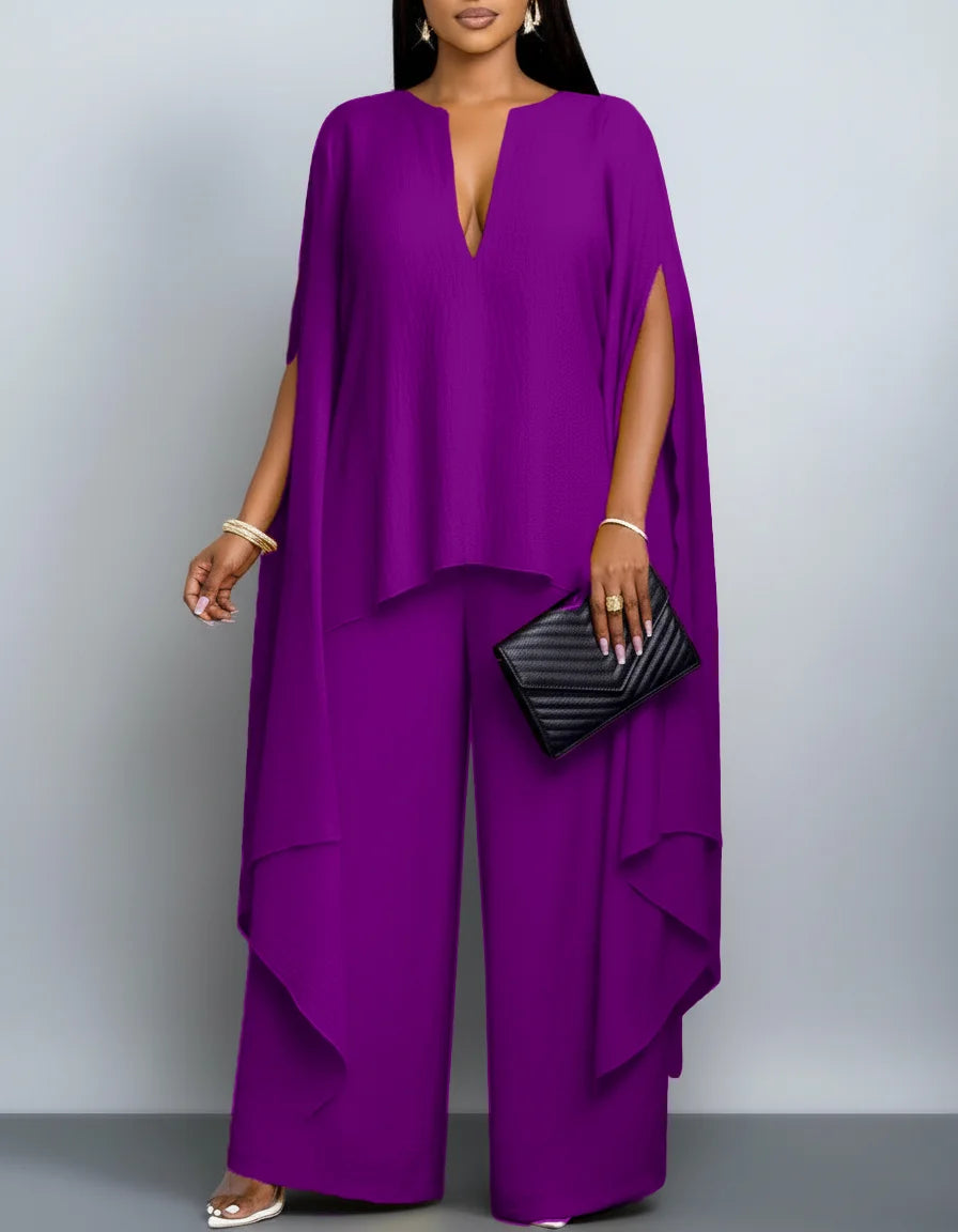 Women's Cape Sleeve Top Wide Leg Pants Two Piece Set