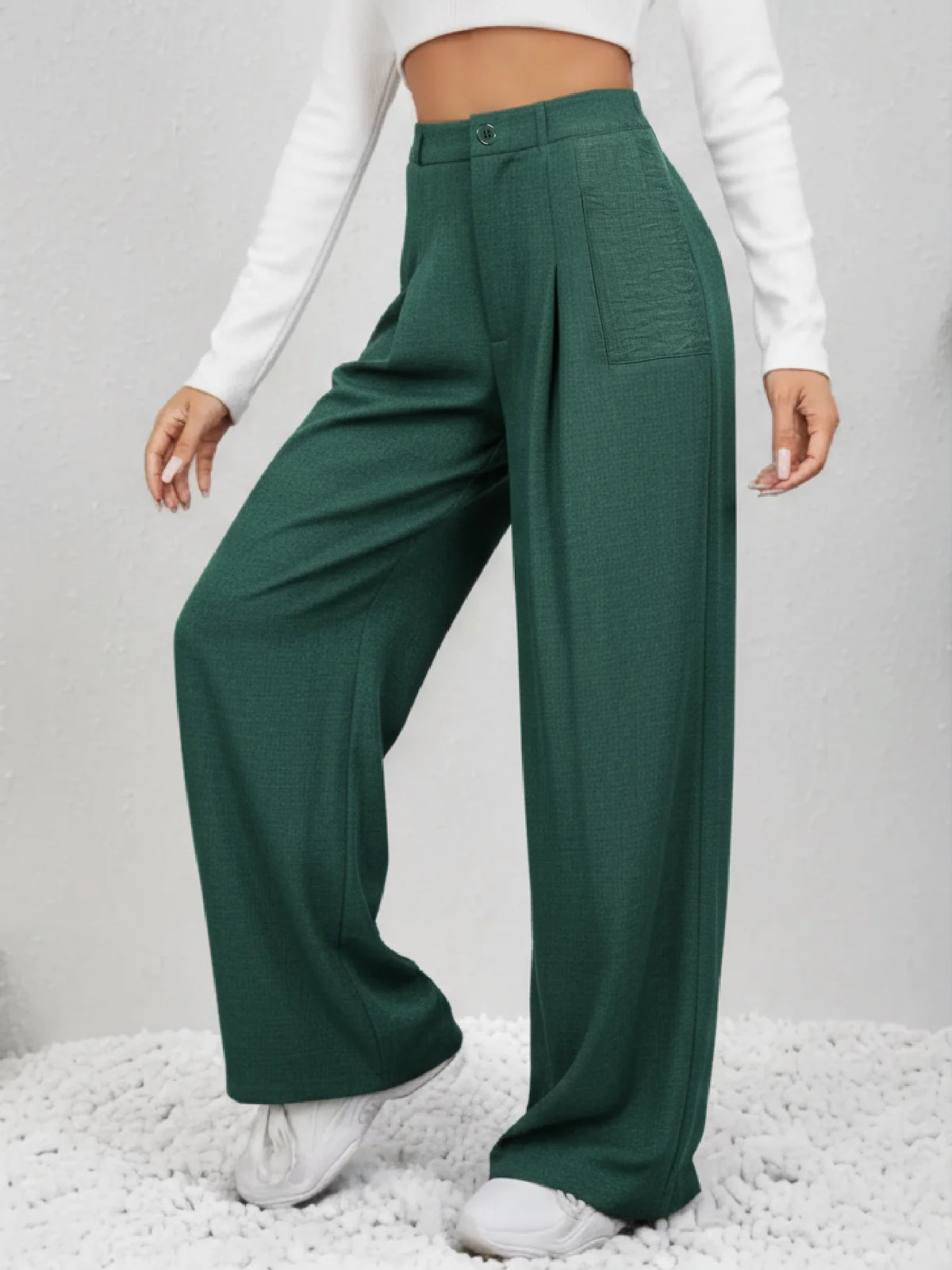 Women High Waist Pleated Wide Leg Pants With Pockets