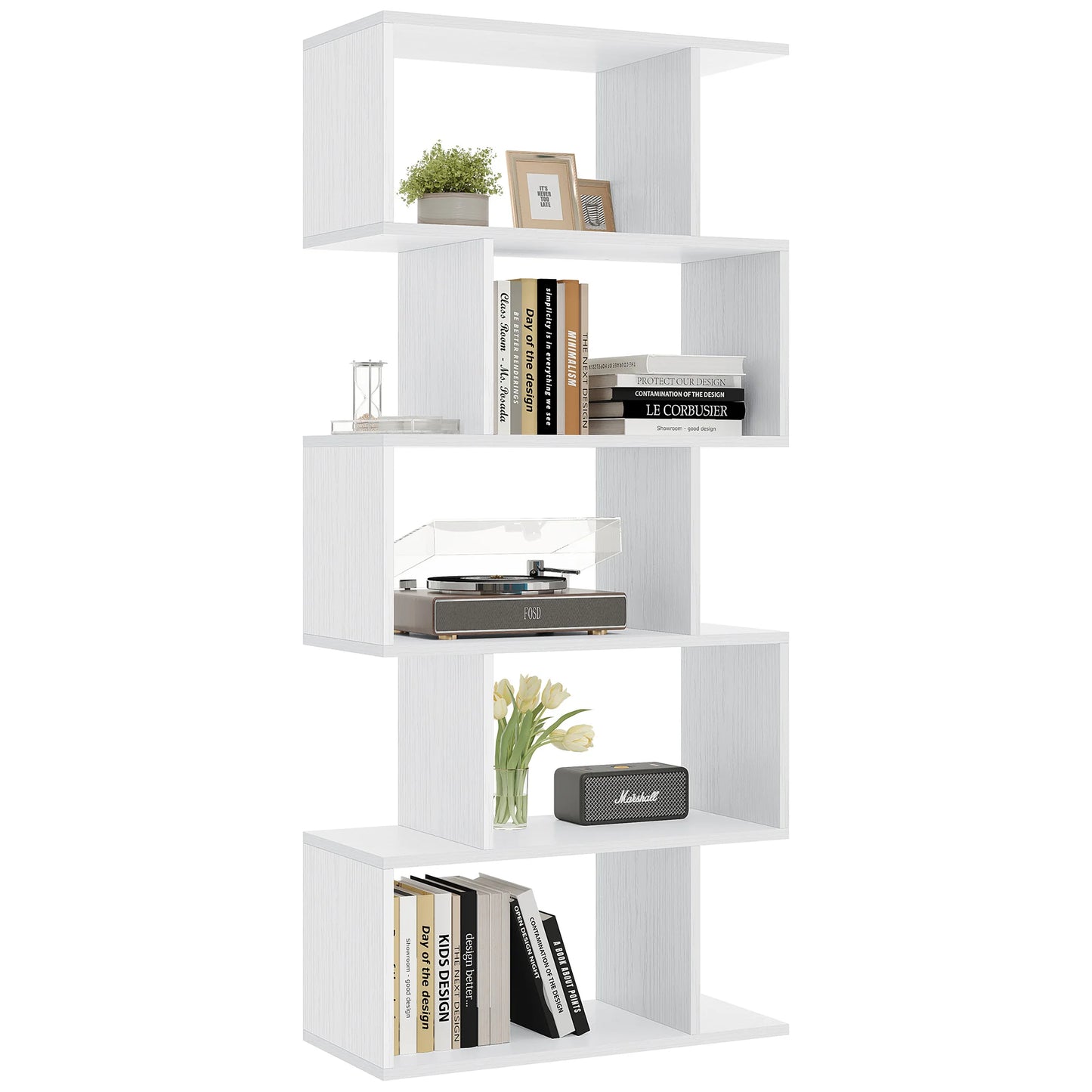 JHK Geometric 5-Tier S-Shaped Wood Bookcase For Living Room Display