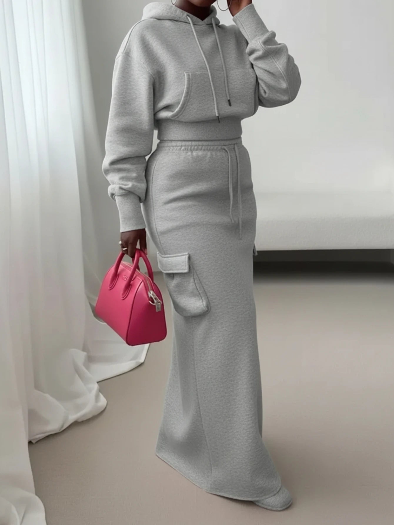 Women's Hooded Cropped Sweatshirt Cargo Pocket Maxi Skirt Set