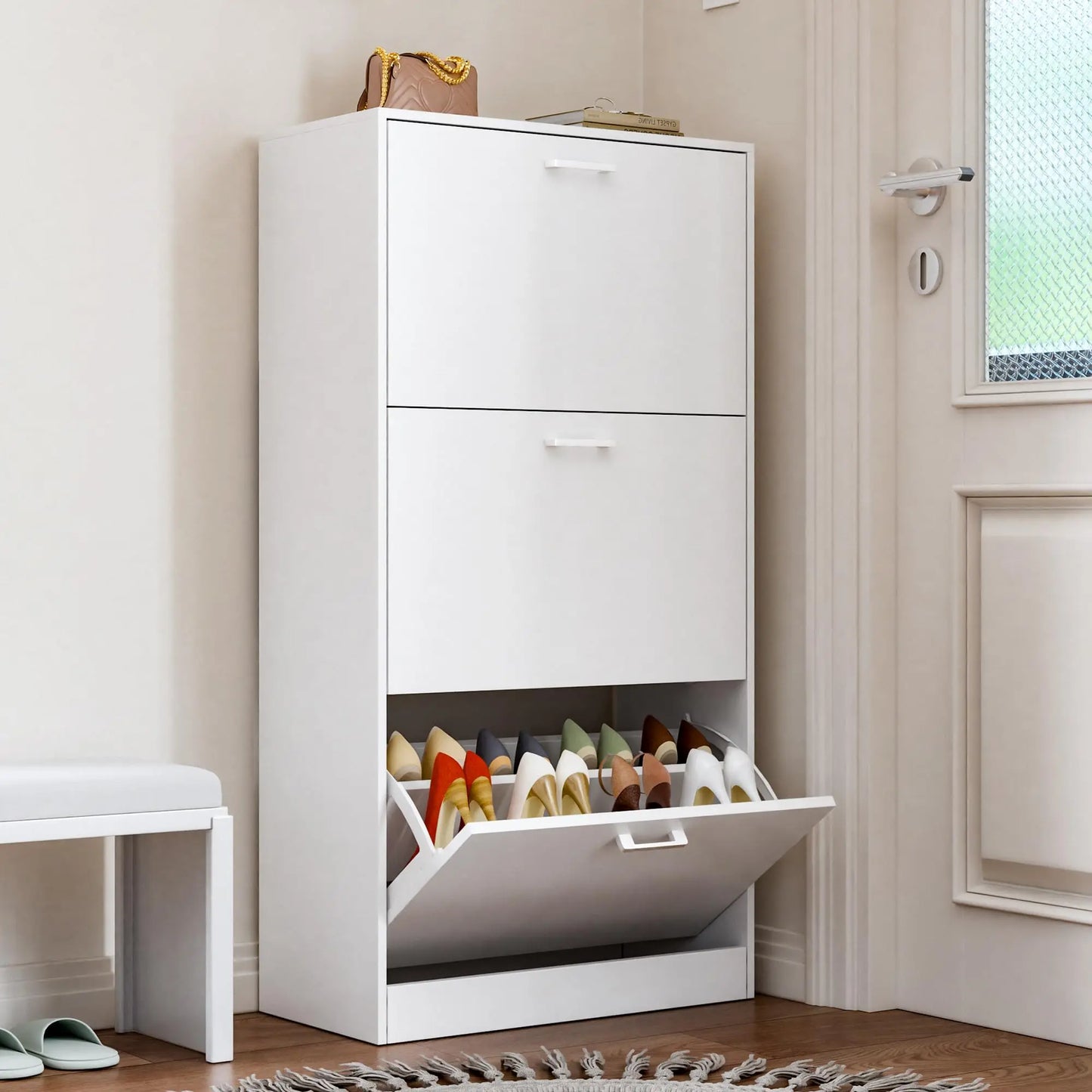 Slim Freestanding Shoe Cabinet With Flip Drawers Hidden Storage