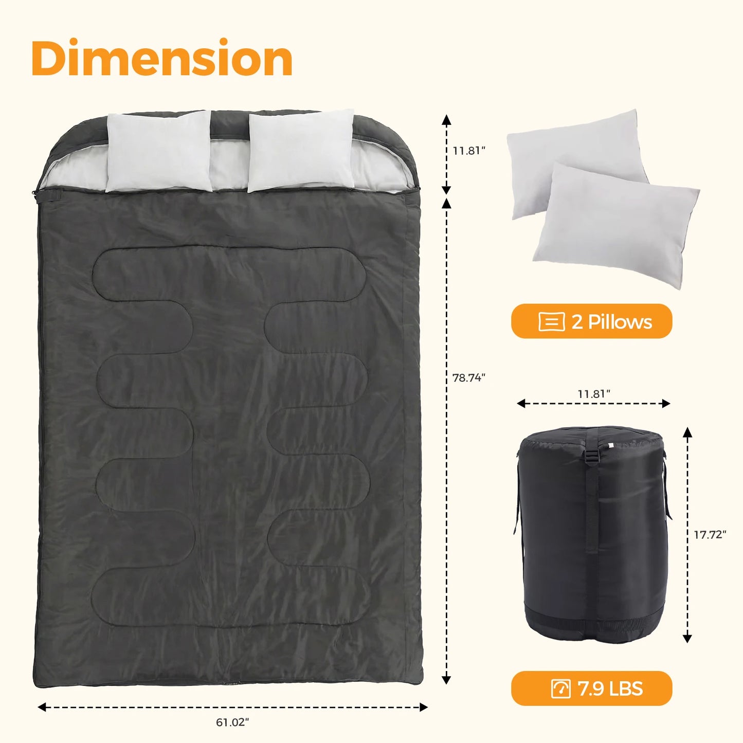 Double Sleeping Bag For Adults With Pillow, Lightweight 3 Season