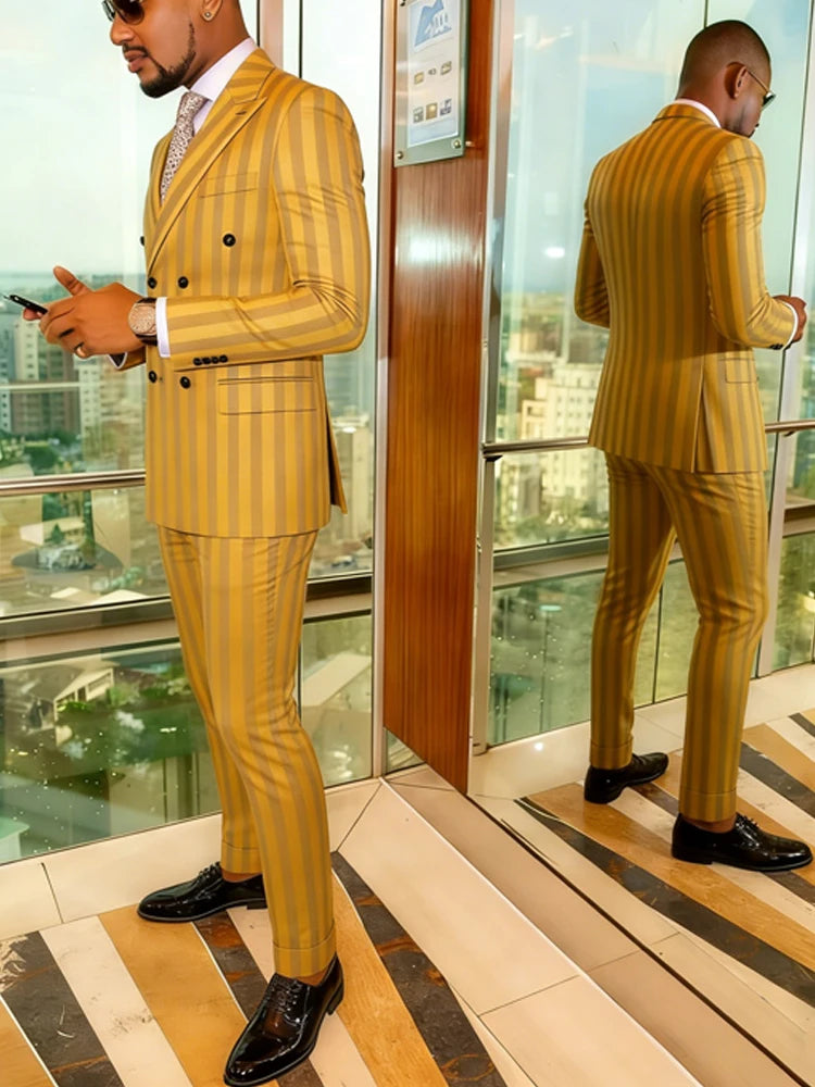 Men's Jacquard Two-Piece Suit Set Double Breasted Jacket Pants
