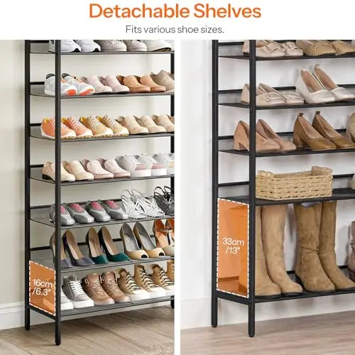 Metal 8 Tier Shoe Organizer With Rustic Wood Top SpaceEfficient