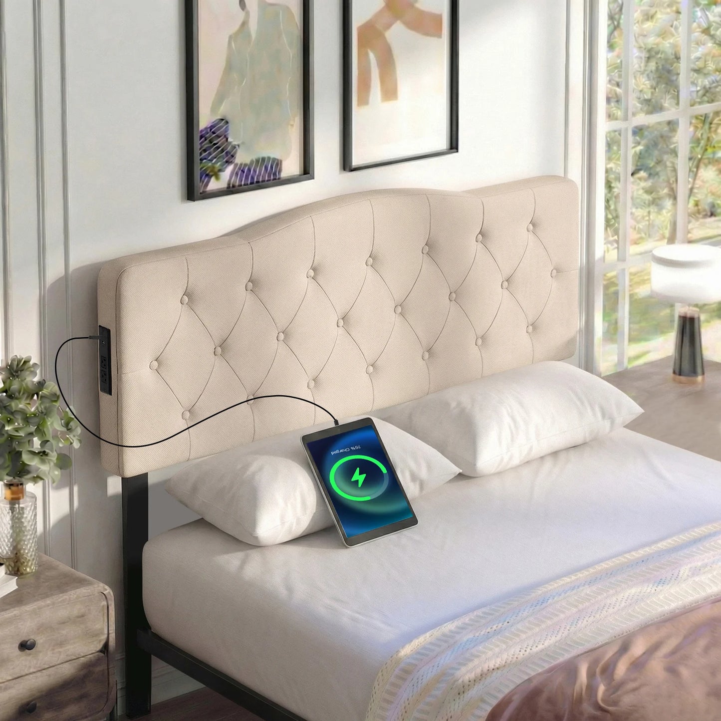 HOMASIS Upholstered Headboard For Queen And Full Beds With Outlets