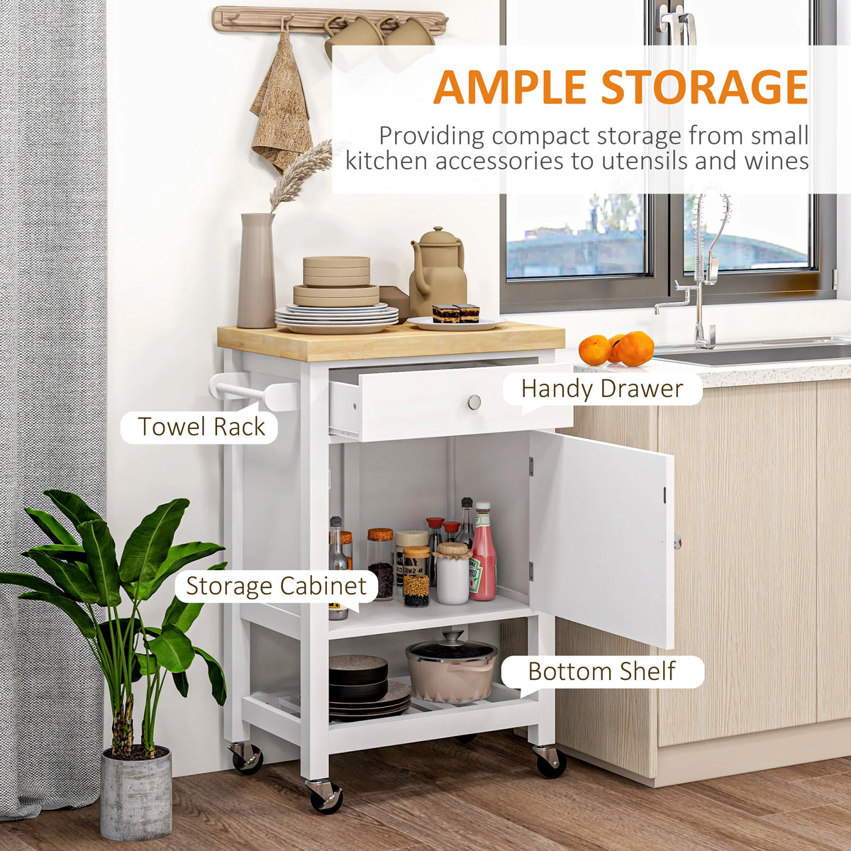 HOMCOM Rolling Kitchen Cart With Storage Drawer And Cabinet