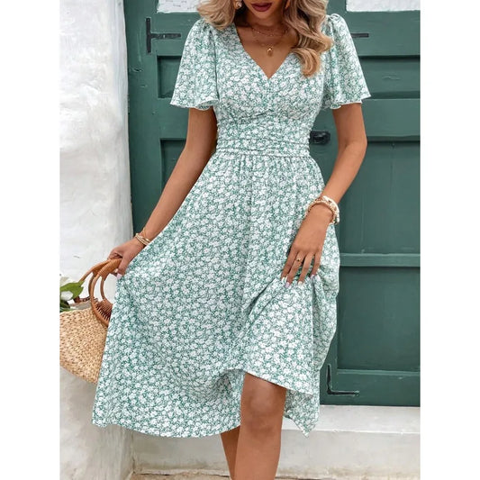 Womens Floral Print V Neck Ruffle Dress Short Sleeve