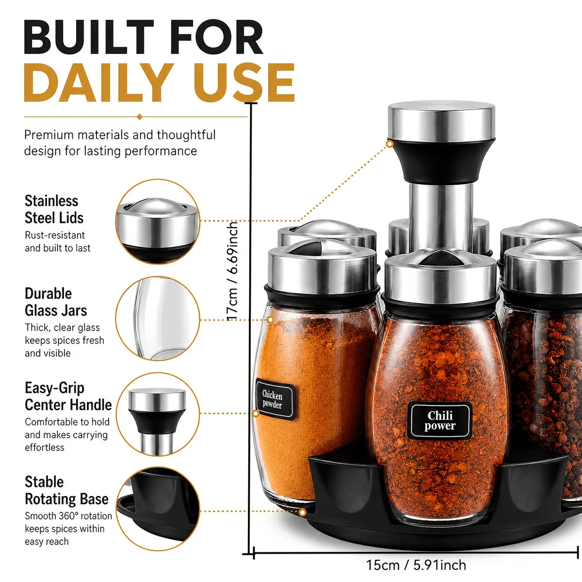 Rotating Spice Rack With Glass Jars And Blank Labels