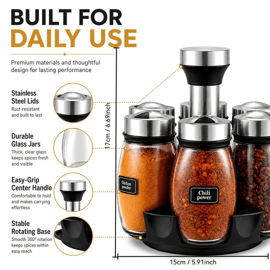 Rotating Spice Rack With Glass Jars And Blank Labels