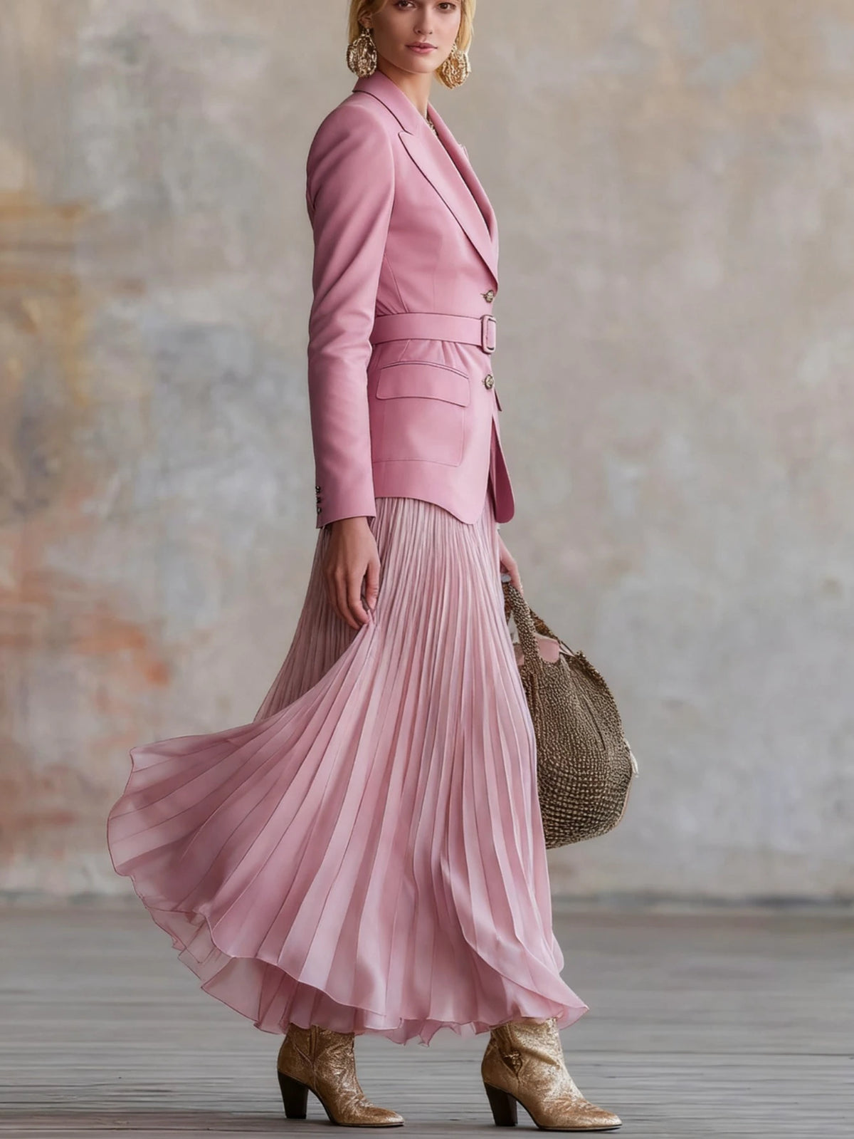 Womens Two Piece Blazer And Pleated Skirt Suit Set