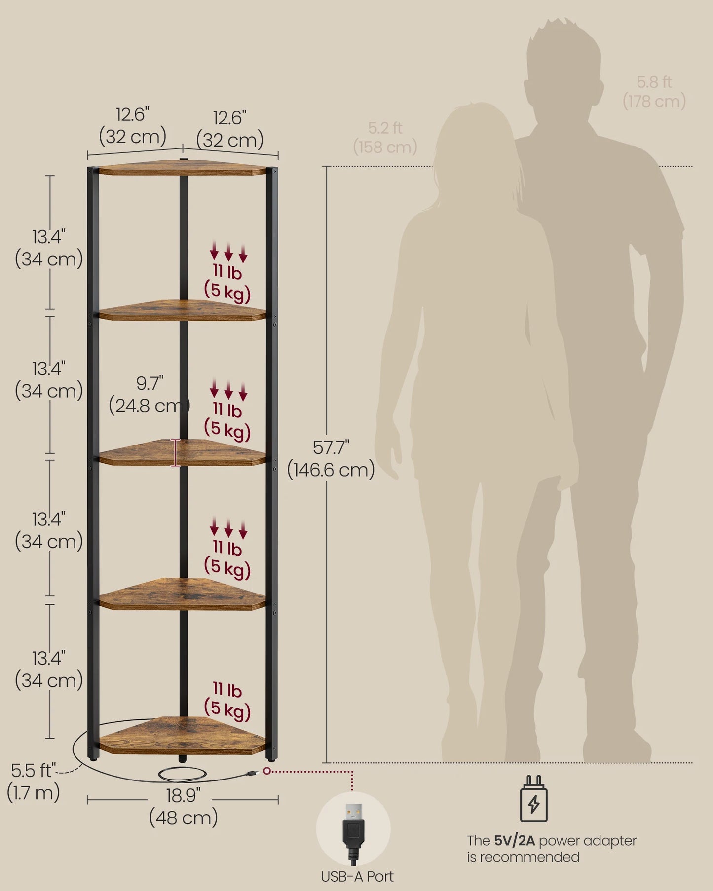 VASAGLE 5-Tier Corner Shelf With LED Lights And Steel Frame