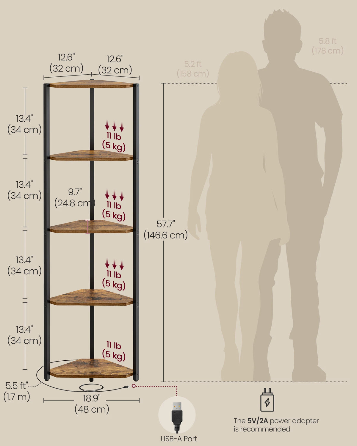 VASAGLE Five-Tier Corner Shelf Stand With LED Lights And Steel Frame