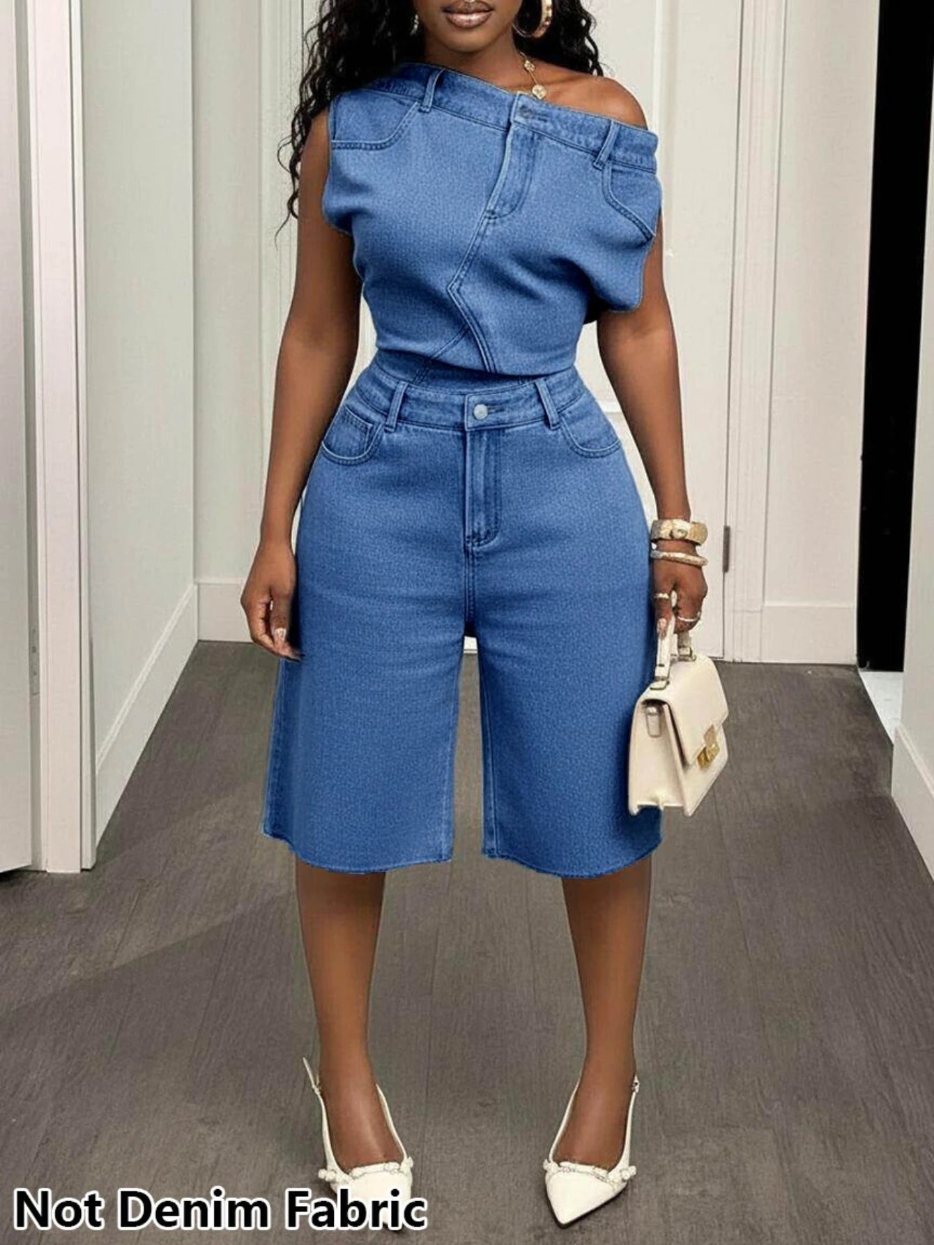 Women's Off Shoulder Sleeveless Top And Matching Shorts Set