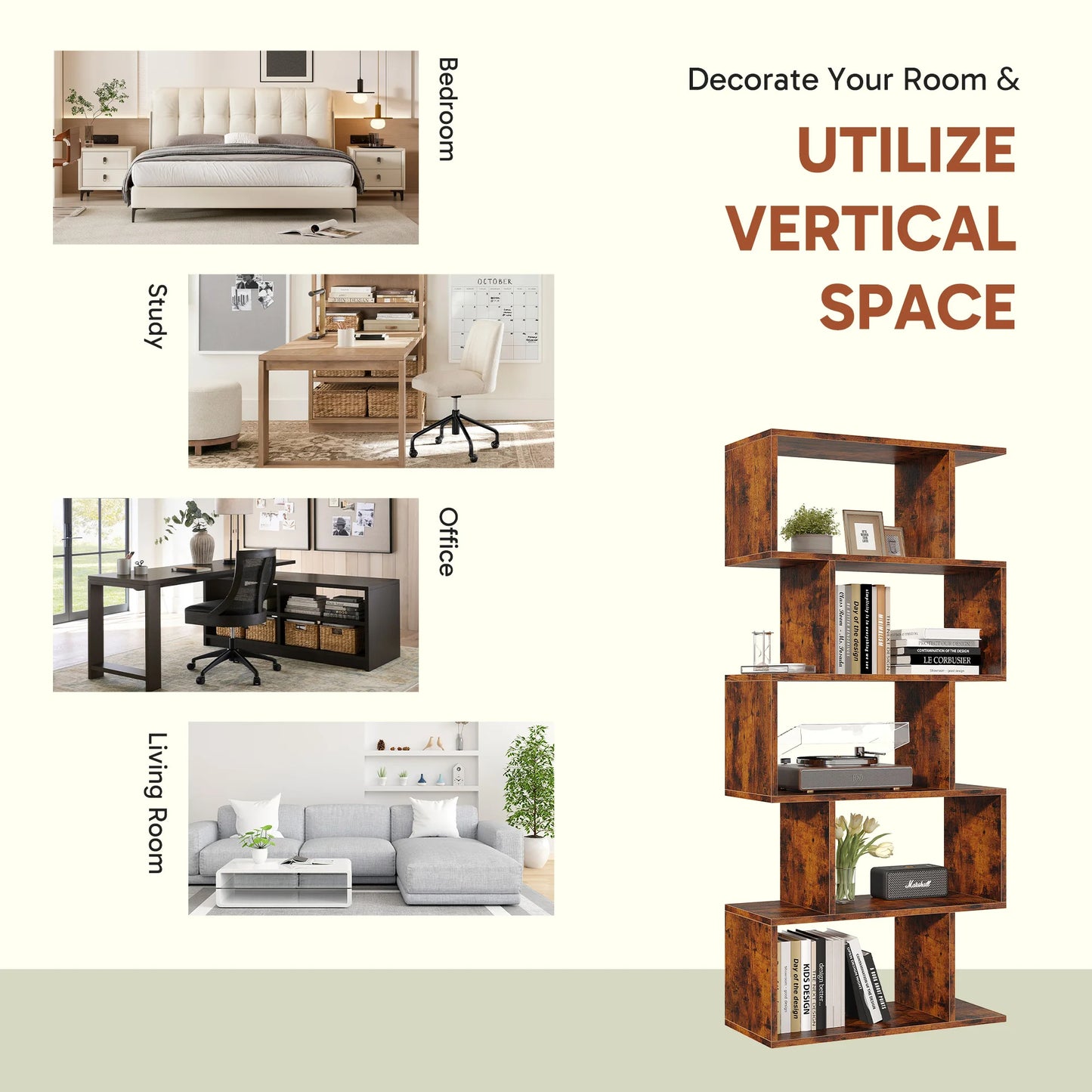 JHK Geometric 5-Tier S-Shaped Wood Bookcase For Living Room Display