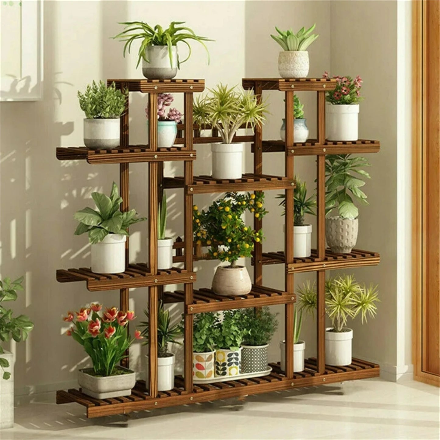 11 Tier Carbonized Wooden Plant Stand Flower Pot Display Rack
