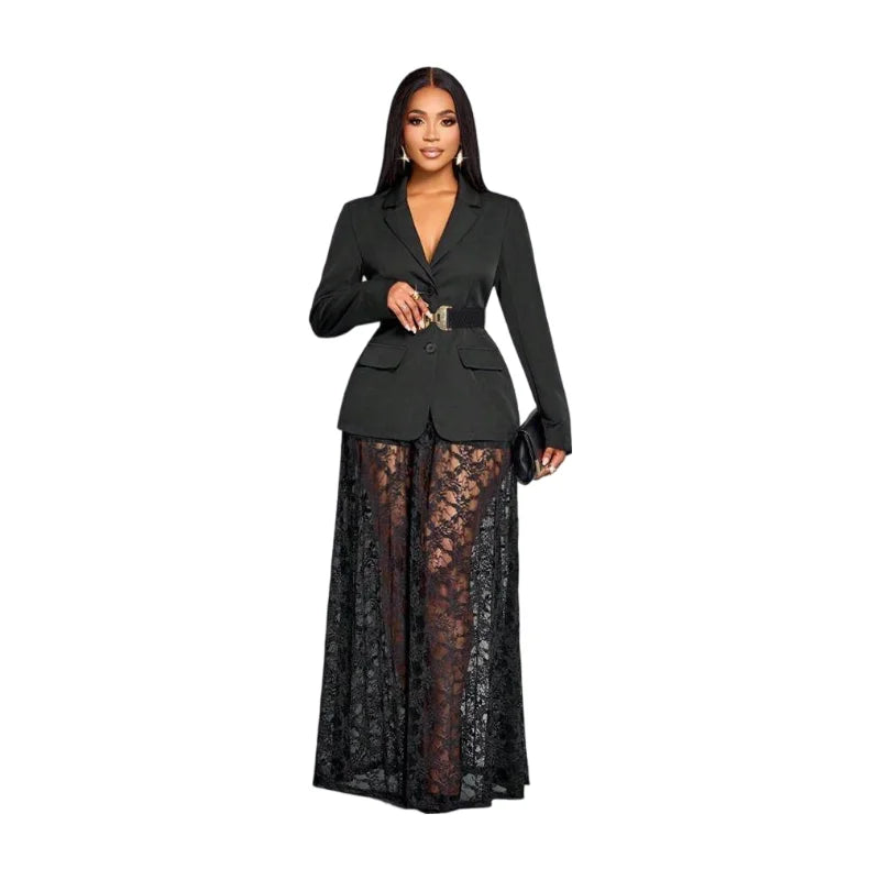 Women's Lapel Long Sleeve Blazer And Maxi Skirt Suit Set