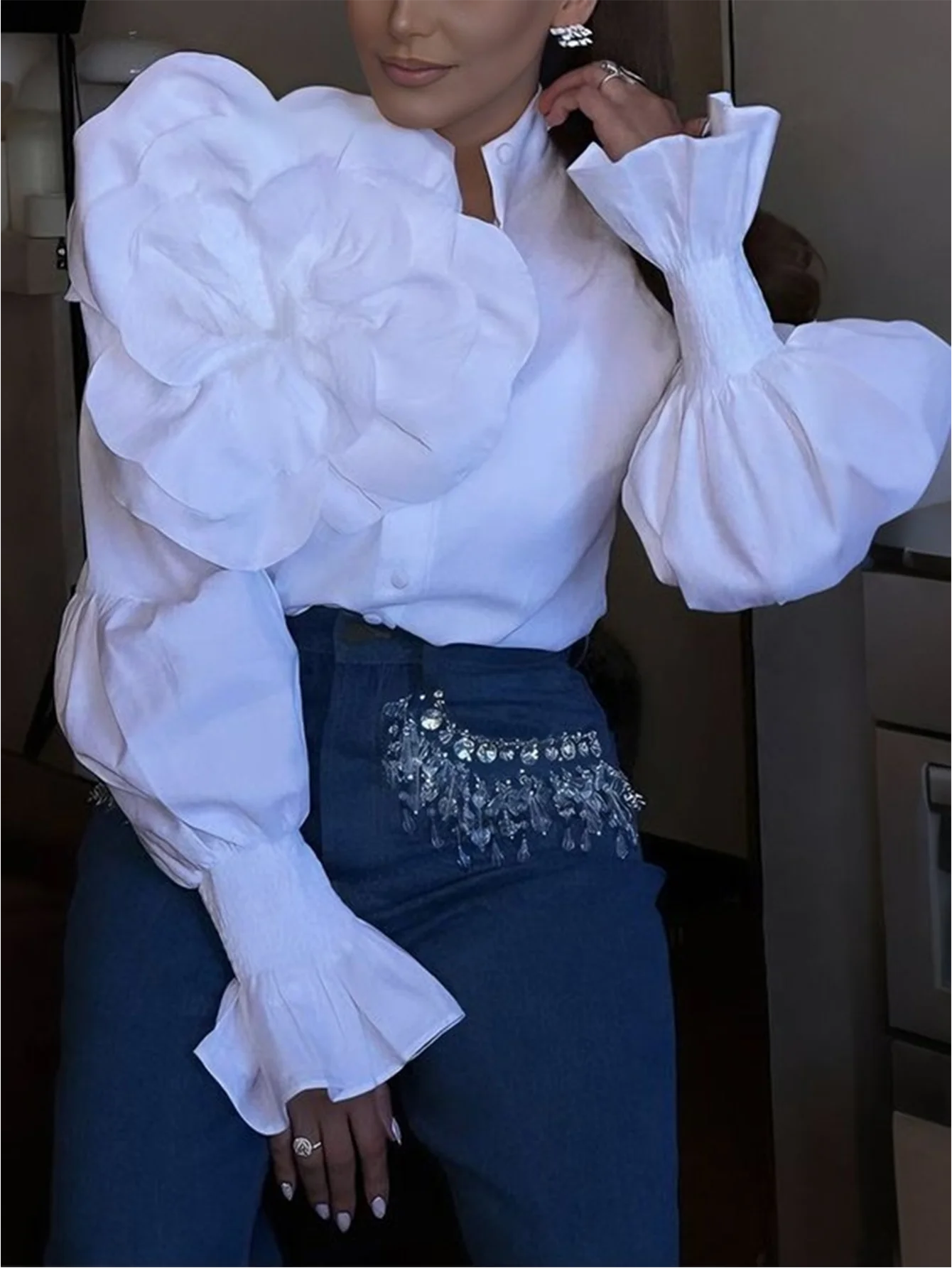 Women Stand Collar 3D Floral Puff Sleeve Polyester Blouse