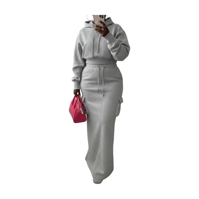 Women's Hooded Cropped Sweatshirt Cargo Pocket Maxi Skirt Set