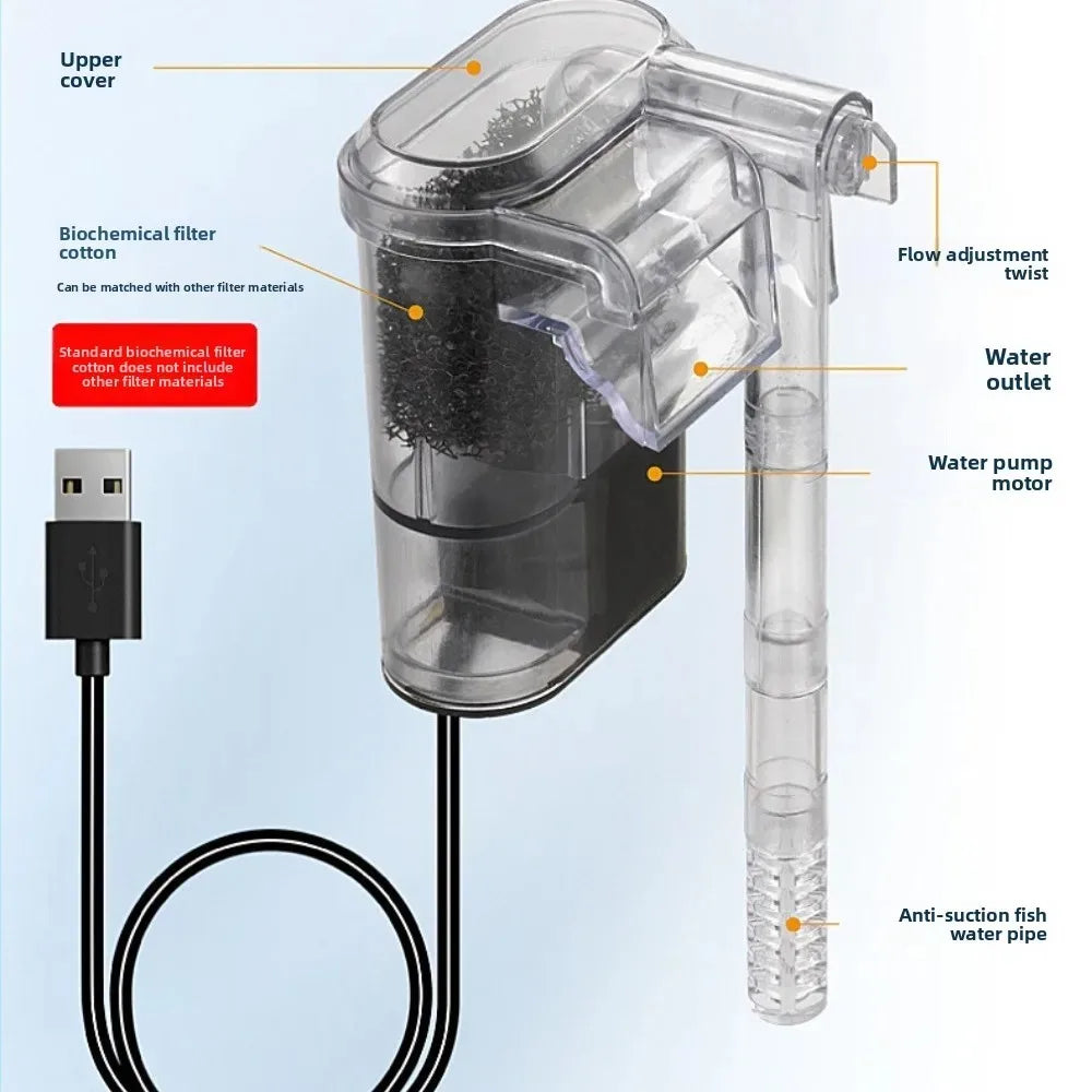 USB Powered Mini Aquarium Filter 250 LPH For Small Tanks
