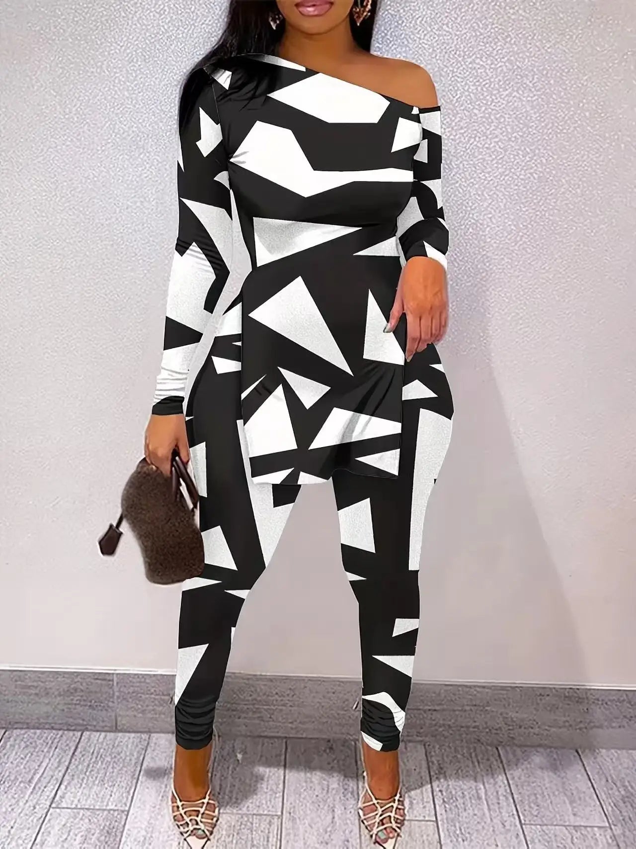 Women's Geometric Print Single Shoulder Two Piece Ensemble