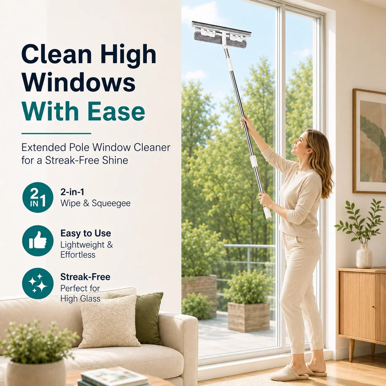 Joybos 2 In 1 Window Squeegee Rotating Head Extendable Pole