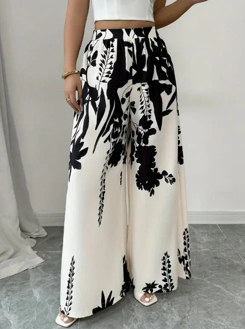 Floral Print Elastic High Waist Wide Leg Satin Palazzo Pants