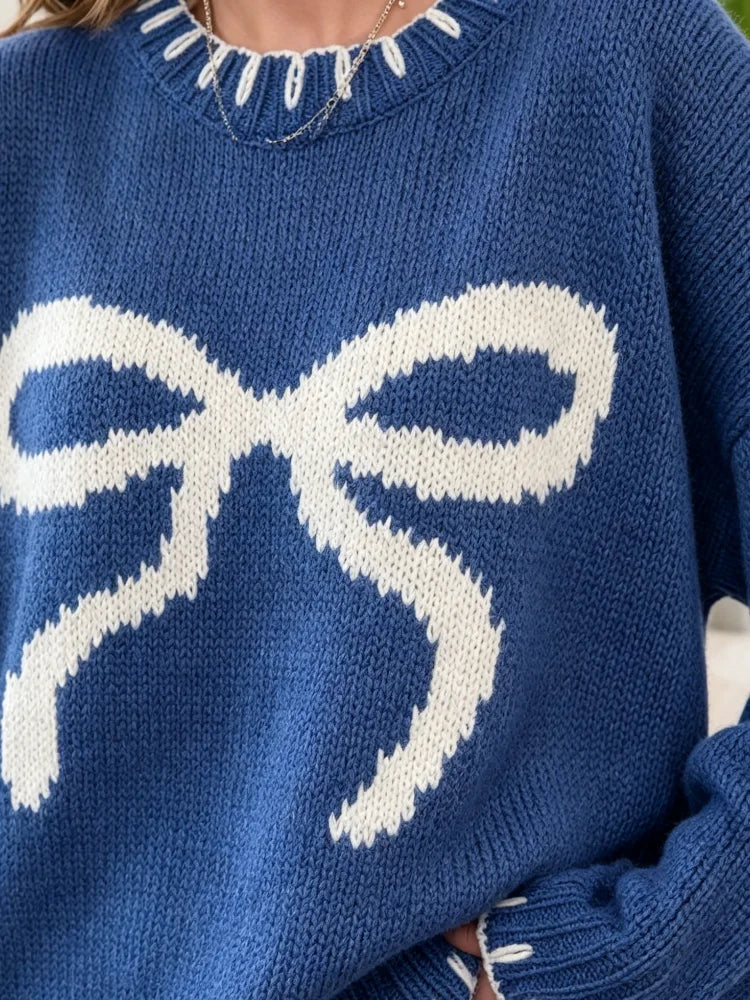 Women's Bow Tie Knit Sweater With Contrasting Stitching