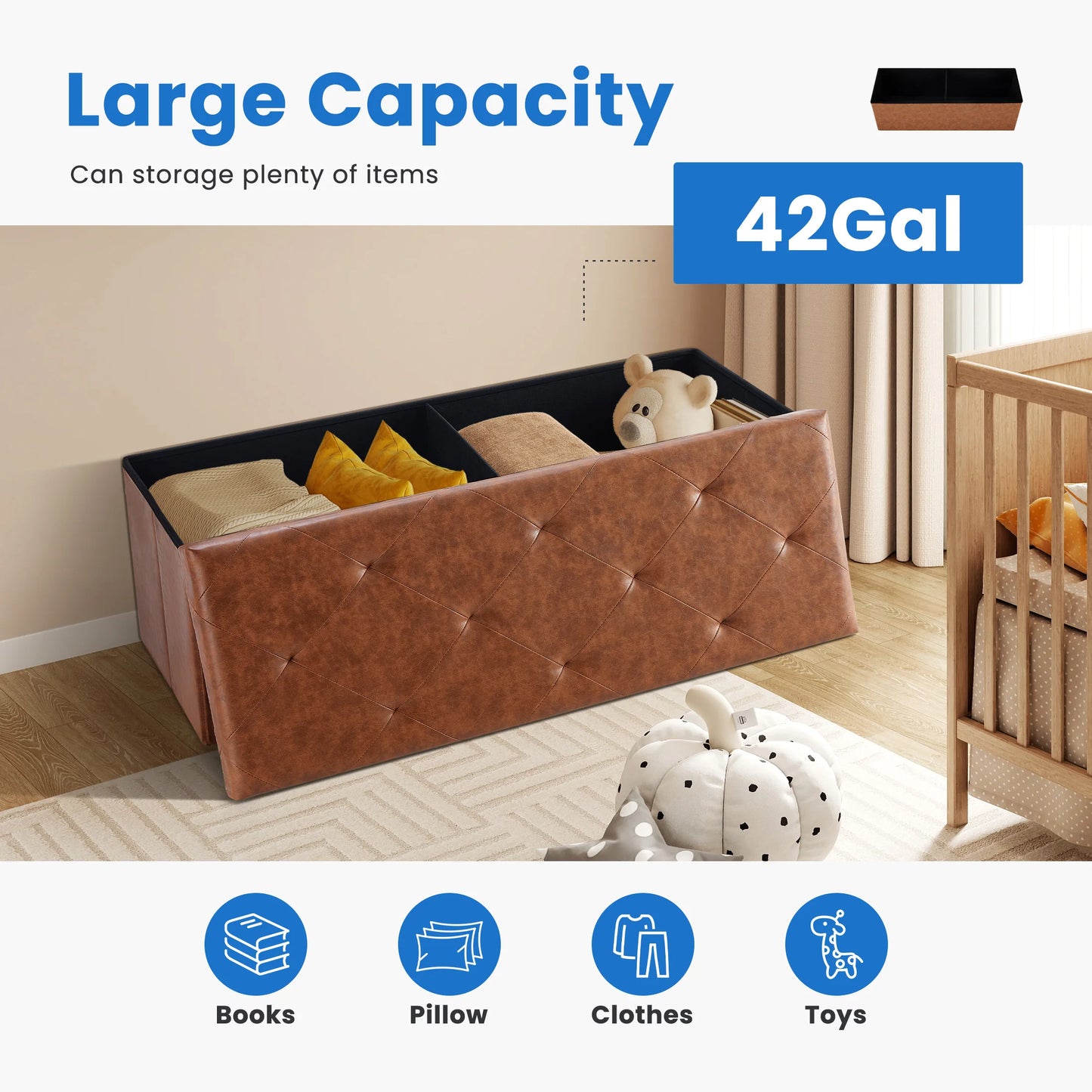 MCQ Foldable Faux Leather Storage Ottoman With Seat Cushion