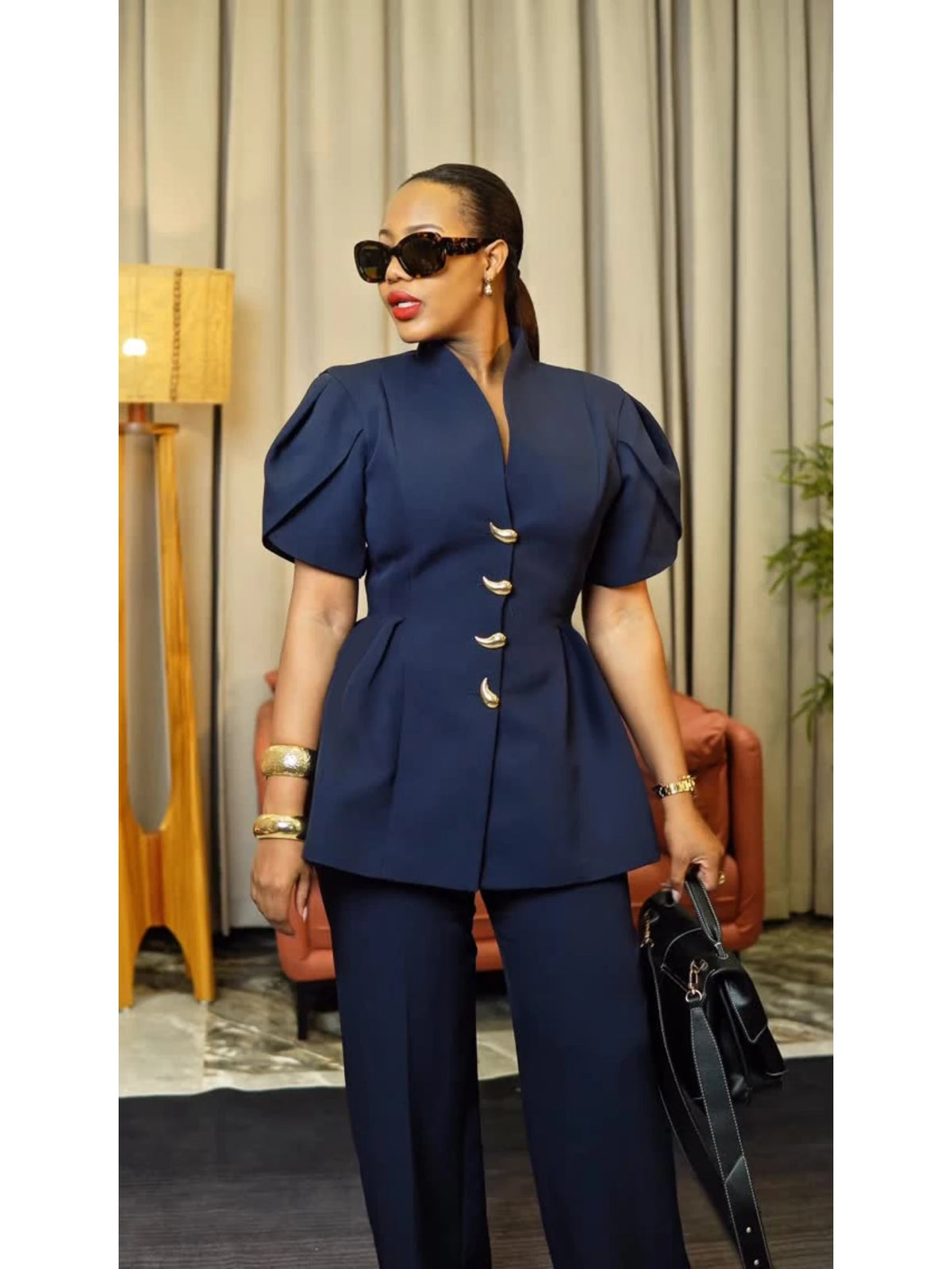 Women's Stand Collar Puff Sleeve Peplum Top And Pants Suit