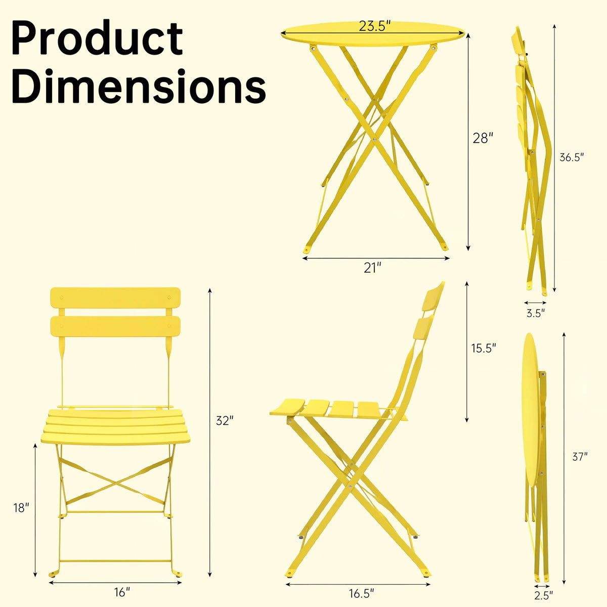 TUAREX Folding Steel Bistro Set For Outdoor Patio And Balcony