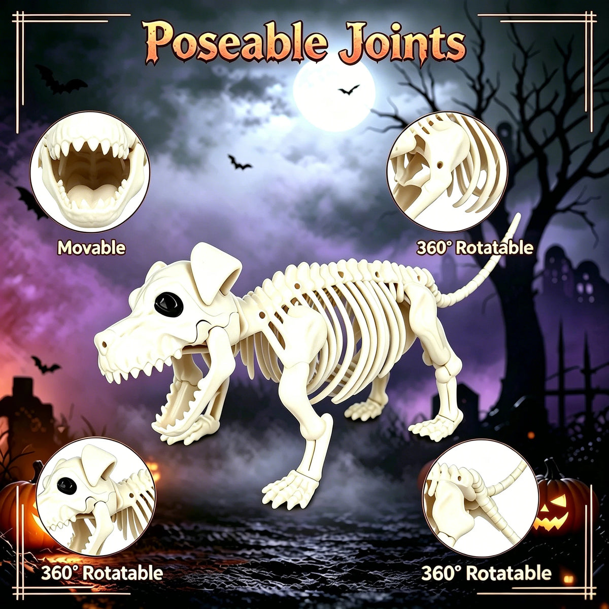 Posable Halloween Skeleton And Dog Outdoor Decorations