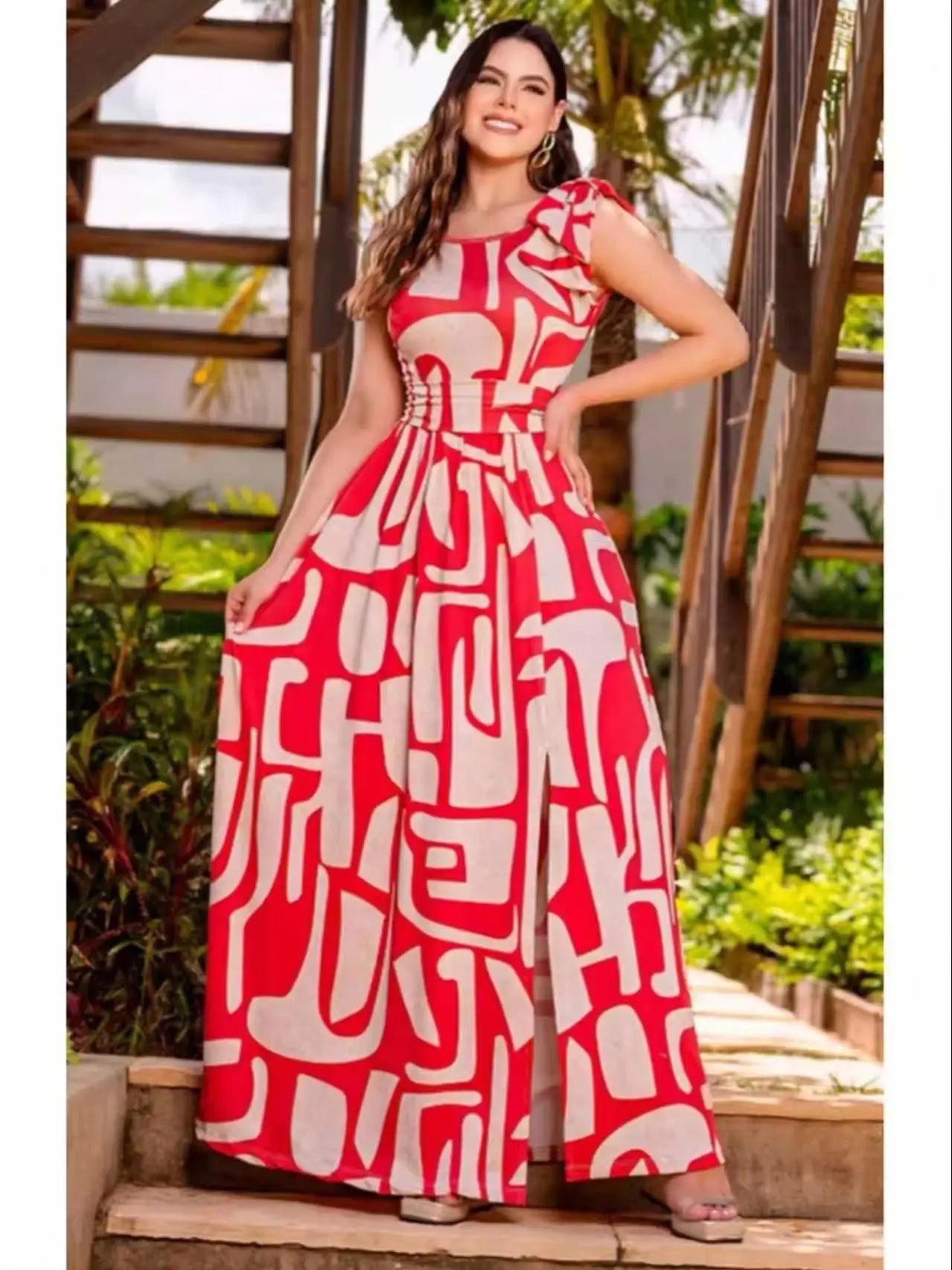 Geometric Print Sleeveless Maxi Dress With Bow Waist And Slit