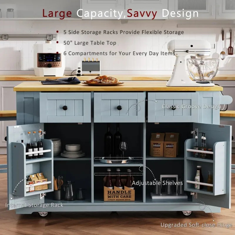 Mobile Kitchen Island With Folding Tabletop And Storage Shelves