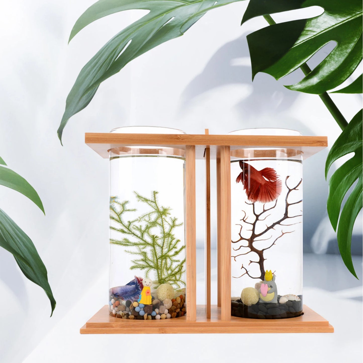 Dual Tank Bamboo Frame Desktop Aquarium With LED Lights