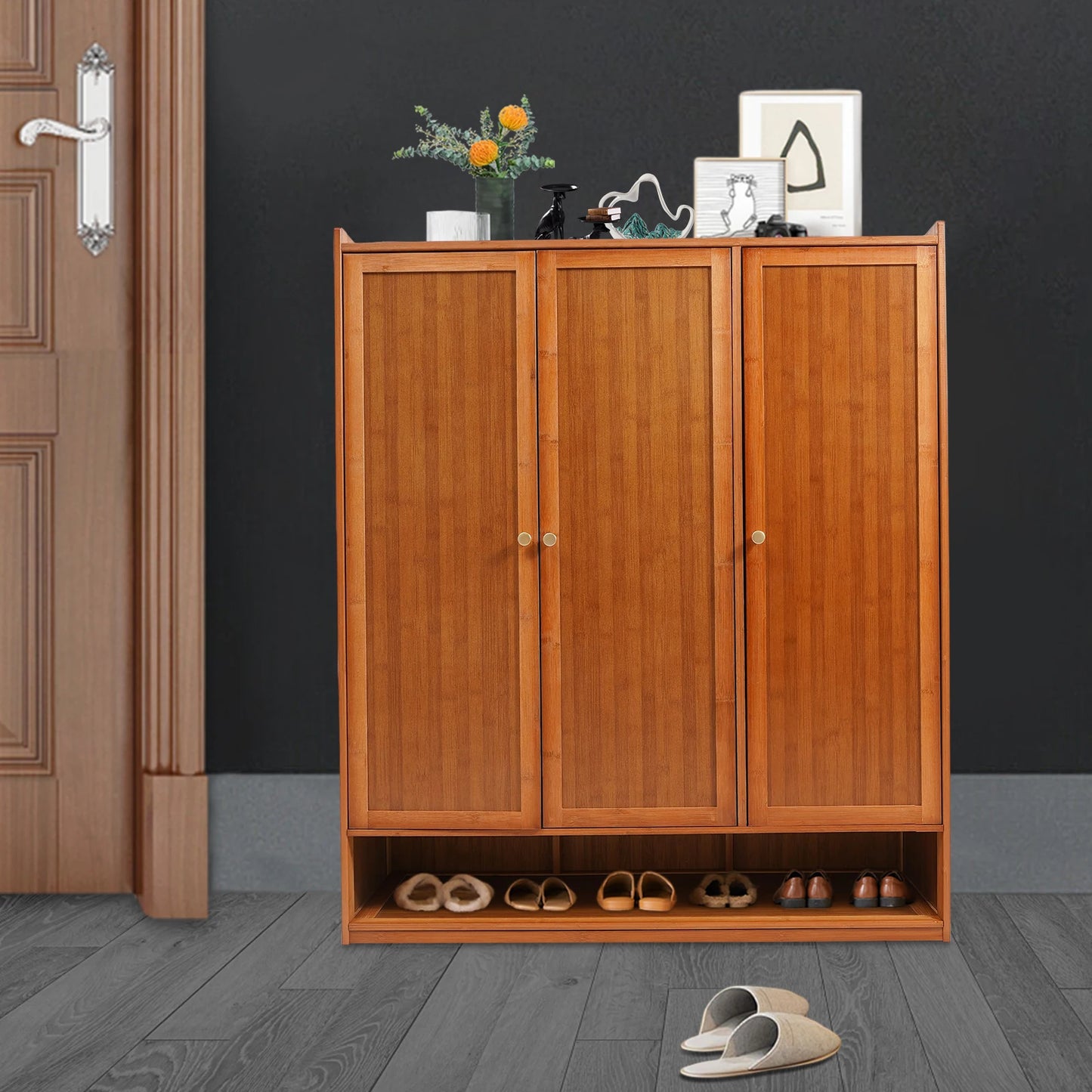 Natural Bamboo Shoe Cabinet With 3 Folding Doors And Partitions