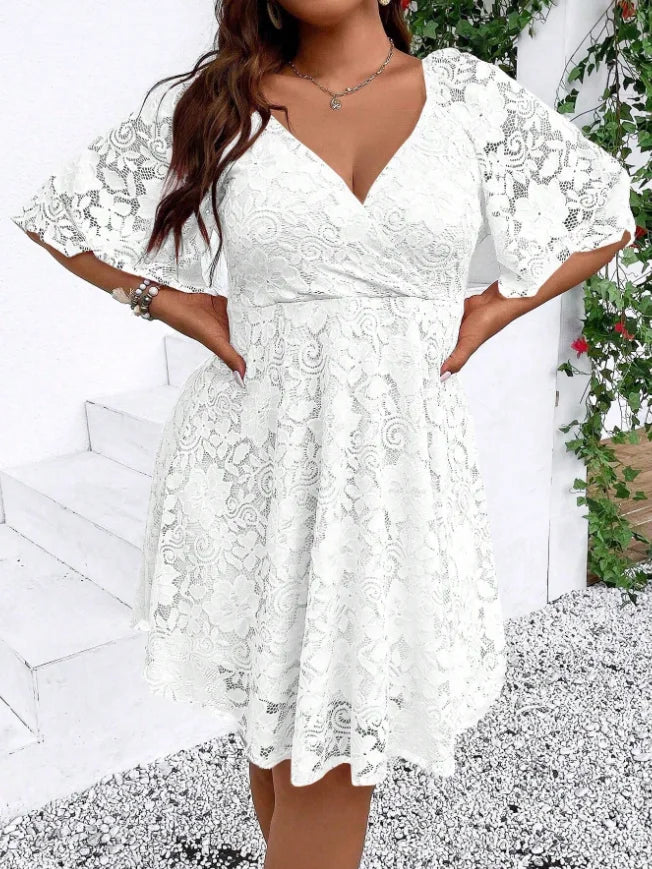 Women's Elegant Lace A-Line Dress With V-Neck And Crossover Waist