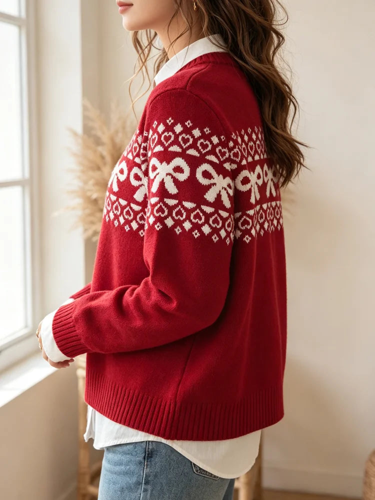 Women Bohemian Knitted Pullover Sweater With Bow Floral Print