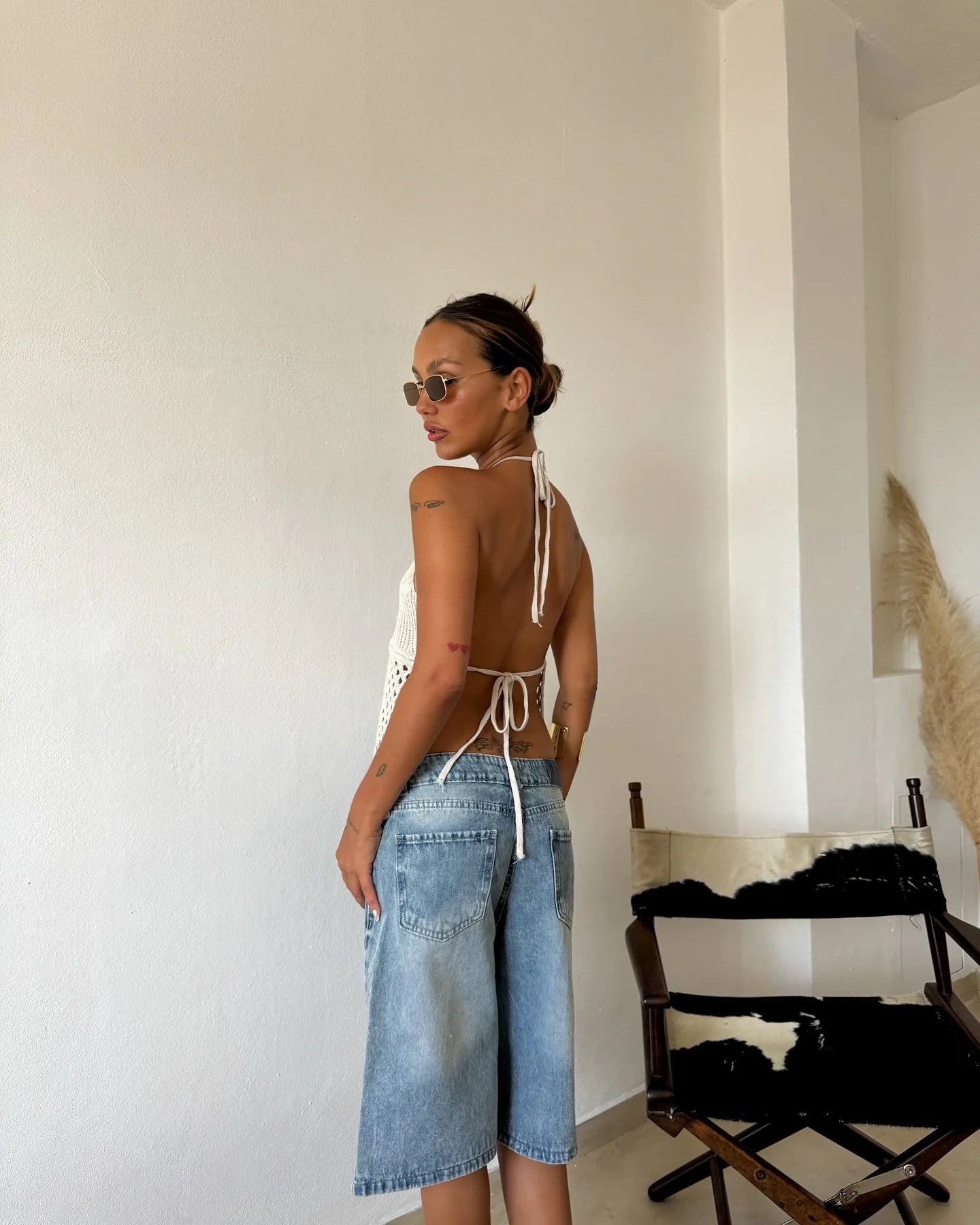 Women Bohemian Knitted Halter Top With Crochet Mesh Texture