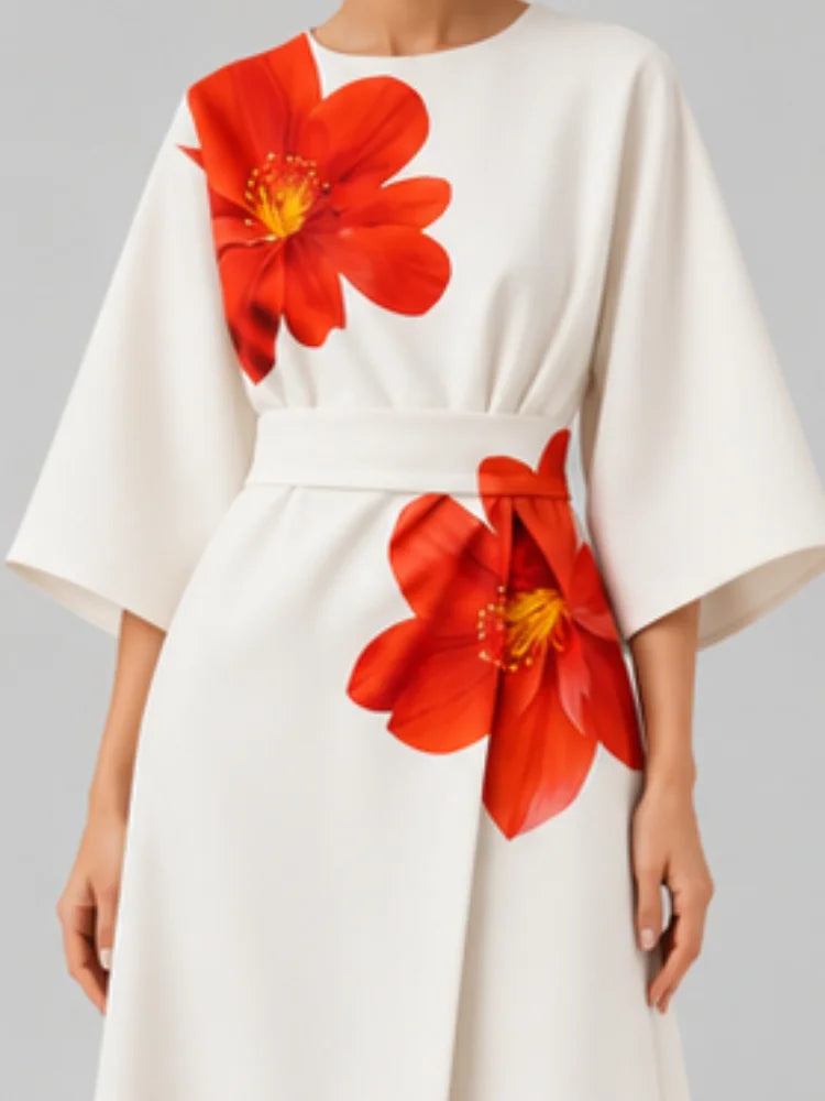Tie Dye Satin Dress With Puff Sleeves And Belt Detail