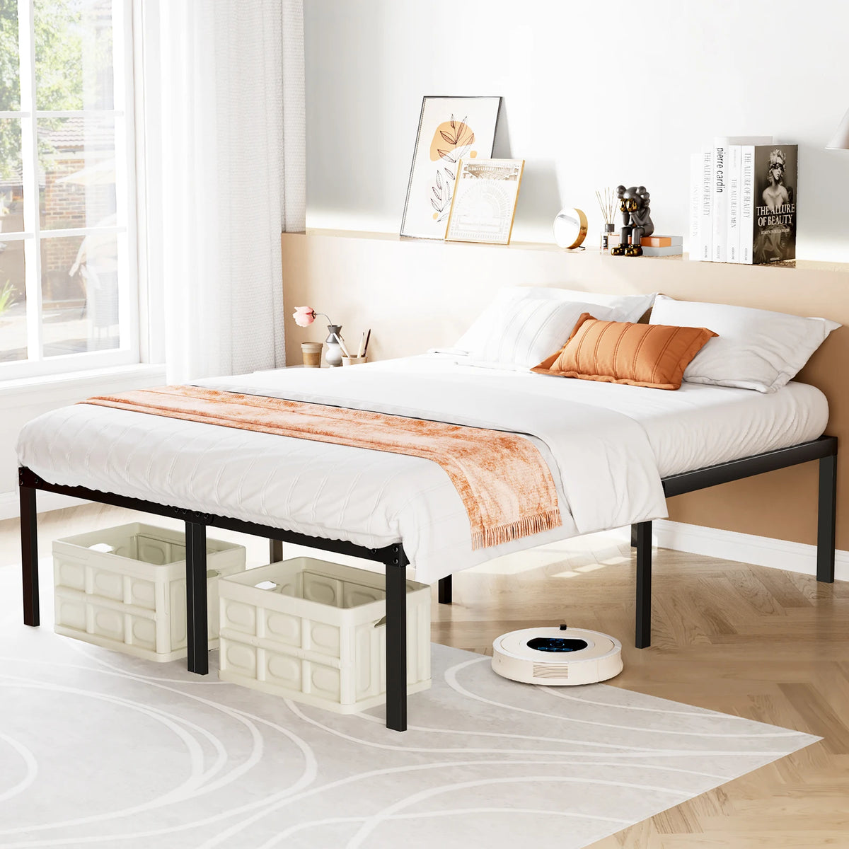 JHK Sturdy Metal Platform Bed Frame With Steel Slat Support