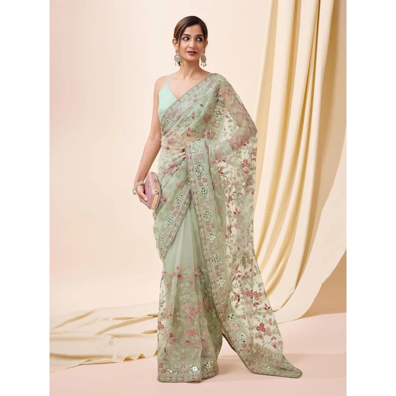 Women's Net Cotton Saree With Sequence Embroidery Work