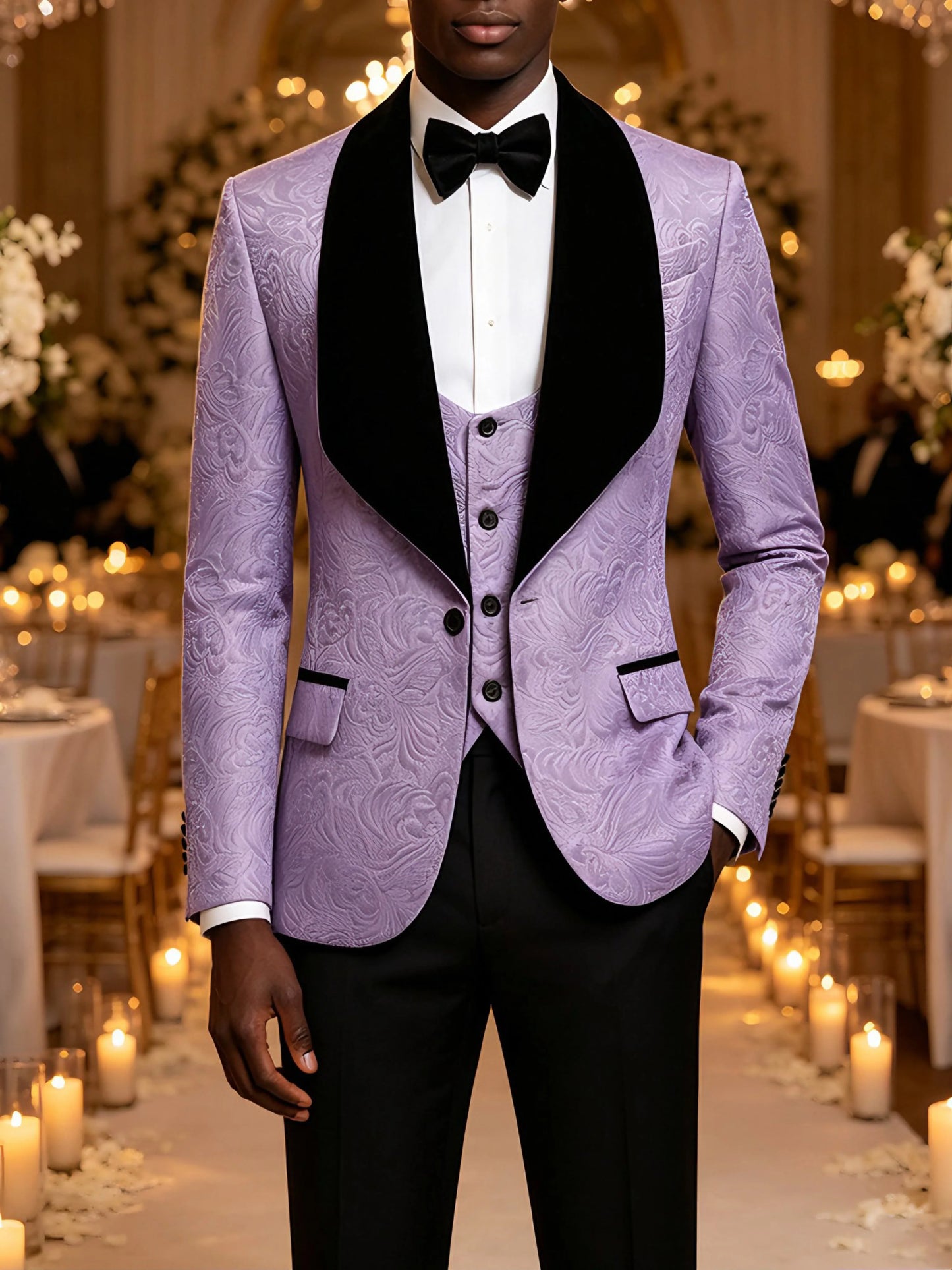 Men's Jacquard Tuxedo 3-Piece Suit Shawl Lapel Formal