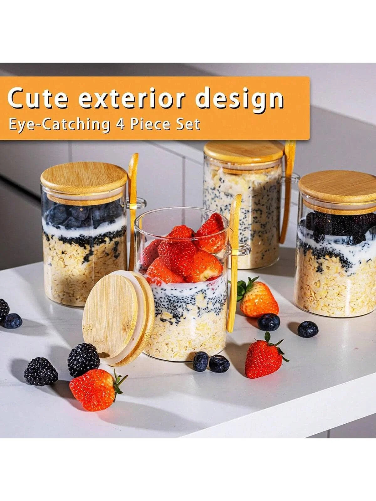Overnight Oats Glass Jars With Airtight Bamboo Lids And Spoons
